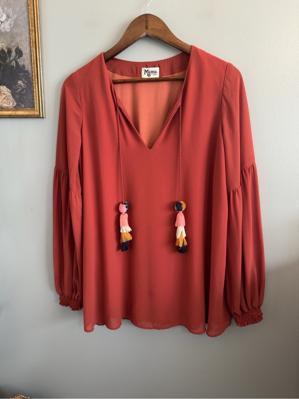 Show Me Your Mumu Rust Boho Tassel Tie Blouse XS Bell Sleeve - Picture 2 of 7